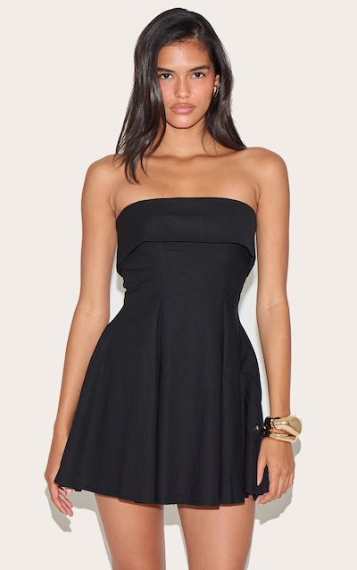 Black Linen-Blend Bandeau Fold Over Shift Dress