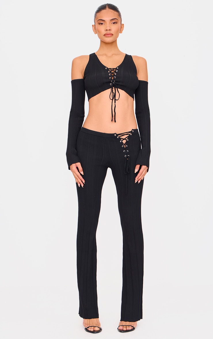 Black Textured Rib Knit Lace Up High Waist Flared Pants image 1