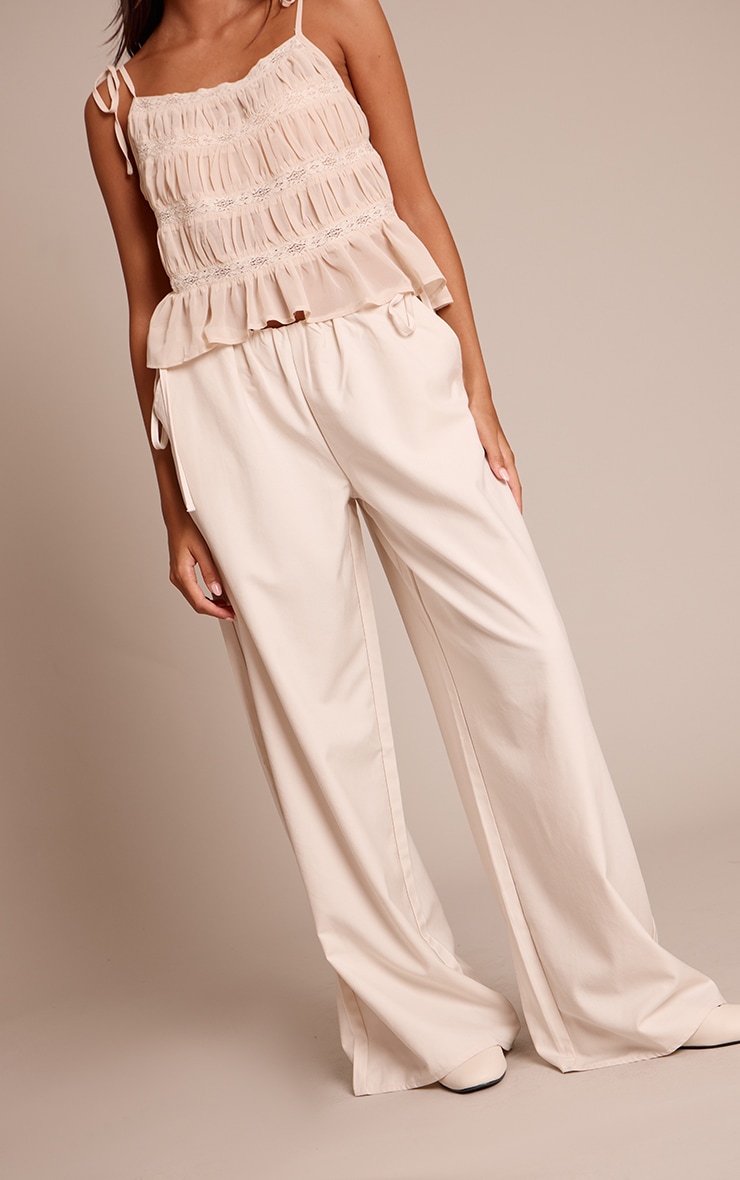 Cream Woven Side Tie Detail Wide Leg Pants image 2