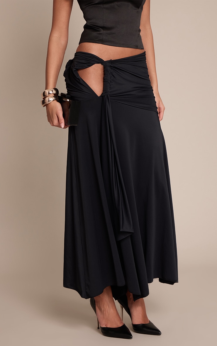Black Matte Sculpt Drape Detail Floaty Maxi Skirt image 2