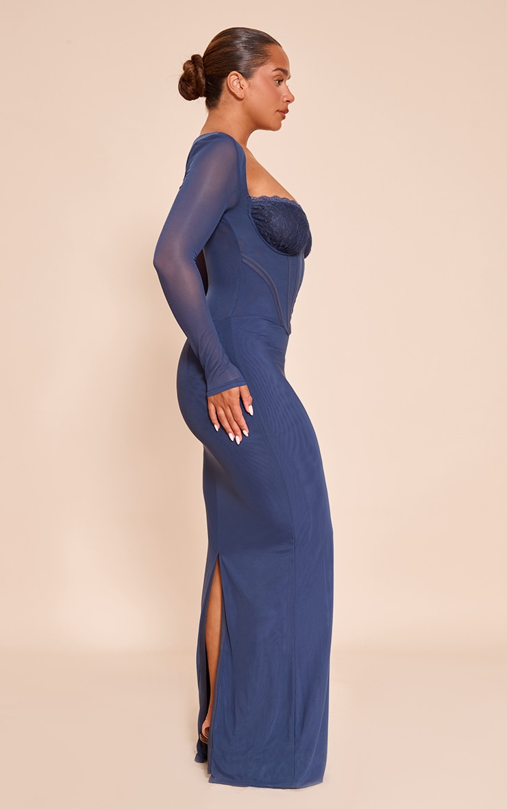 Shape navy Mesh Lace Insert Corseted Maxi Dress image 3