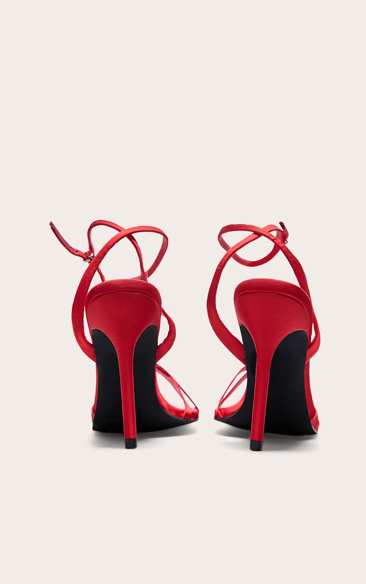 Red Satin Round Toe Cross Over Strap Barely There Heeled Sandals image 3