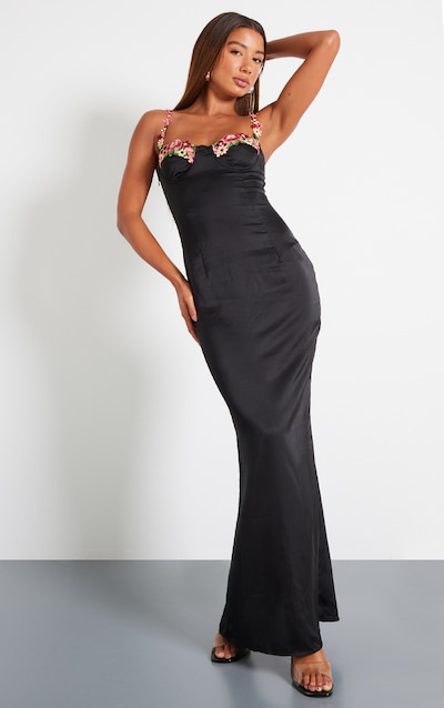 Black Satin Floral Applique Underwired Strappy Maxi Dress