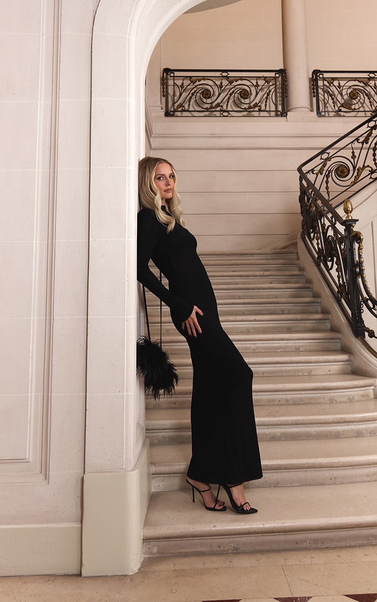 Premium Black Mesh Feather Pom Pom Open Back Maxi Dress image 3