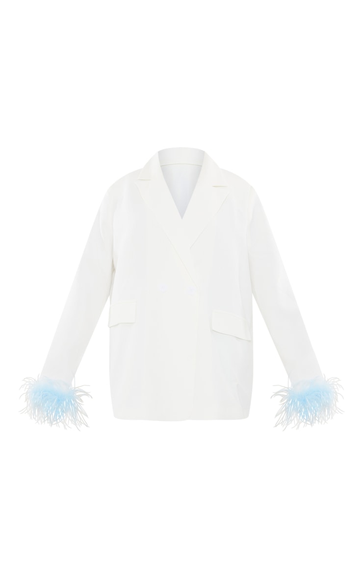 White Contrast Feather Cuff Detail Oversized Blazer image 5