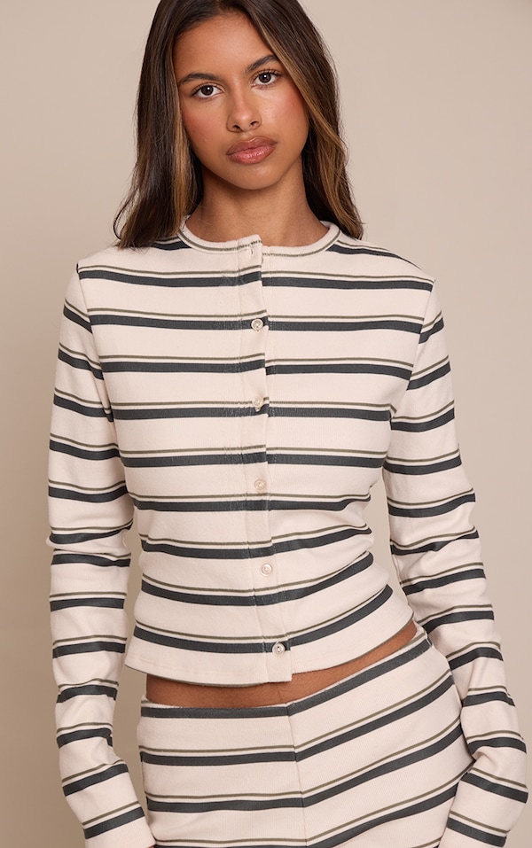 Petite Green Stripe Button Through Cardigan 