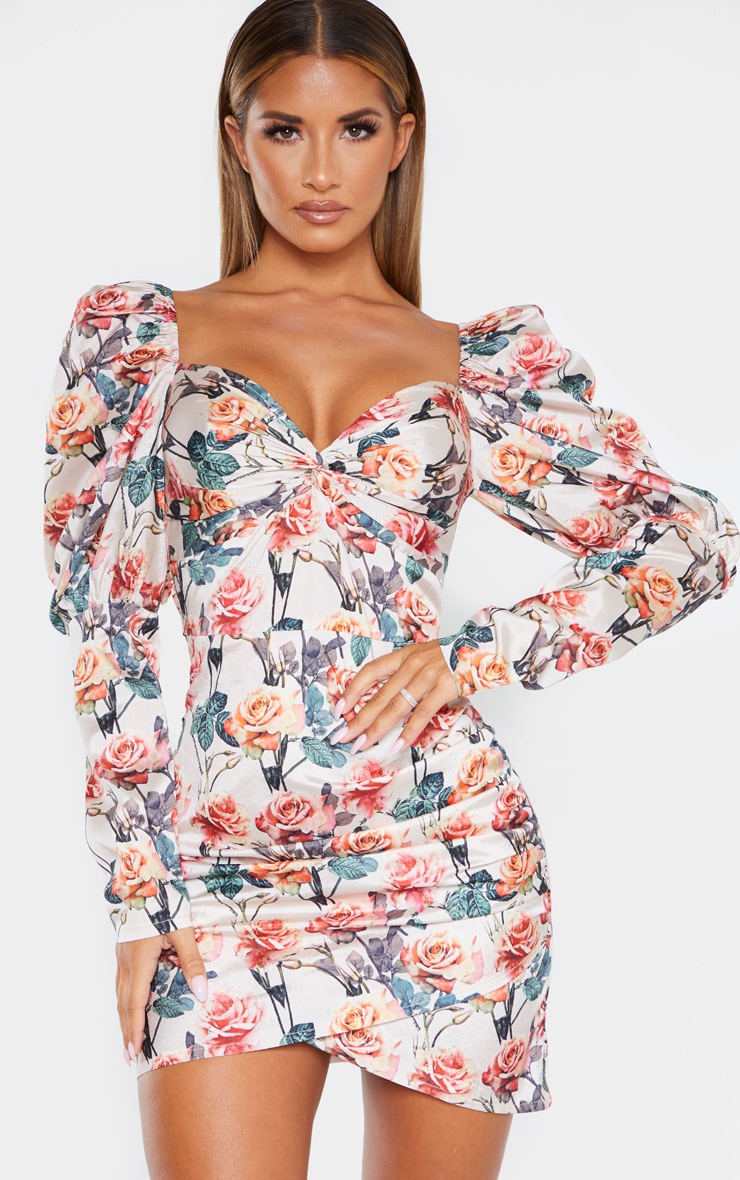 Nude Rose Print Puff Sleeve Twist Detail Bodycon Dress