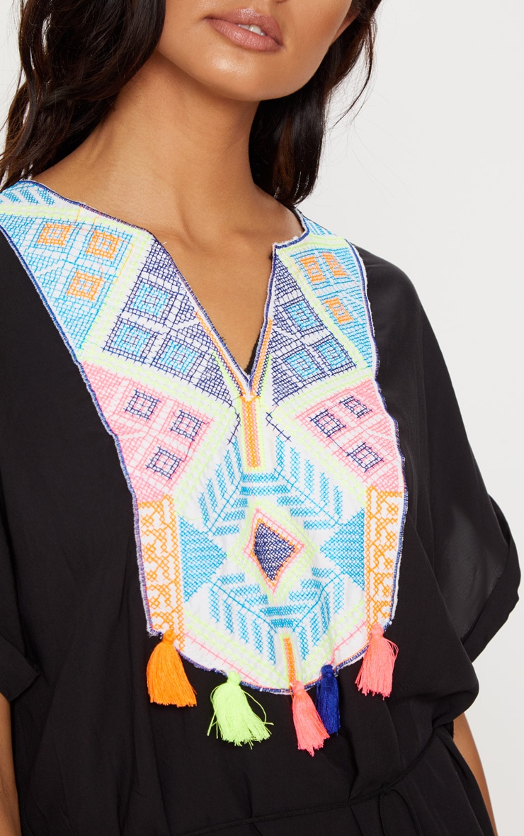 Black Embroidered Front Tassel Trim Shift Dress image 5