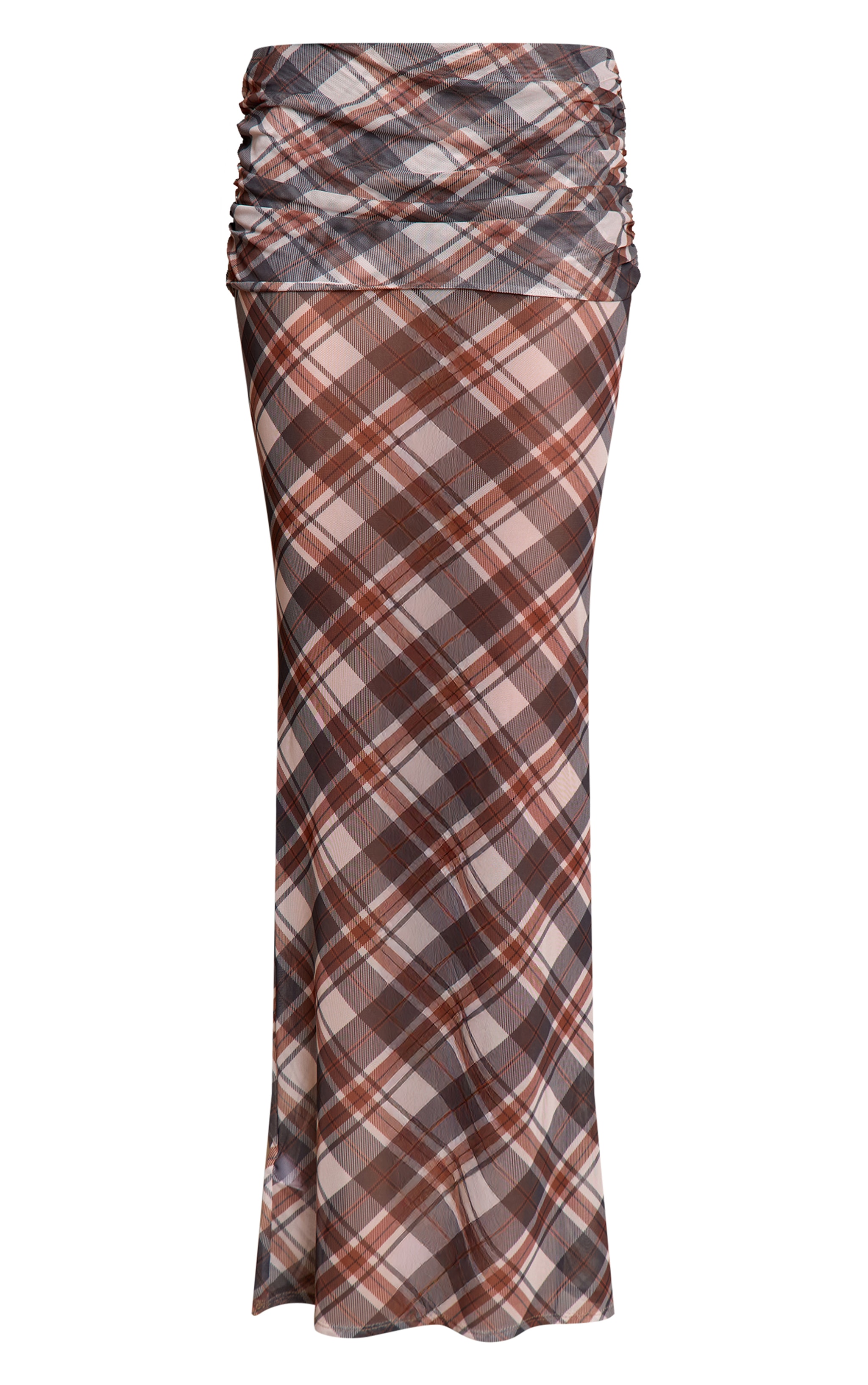Brown Check Print Mesh Overlay Maxi Skirt image 5