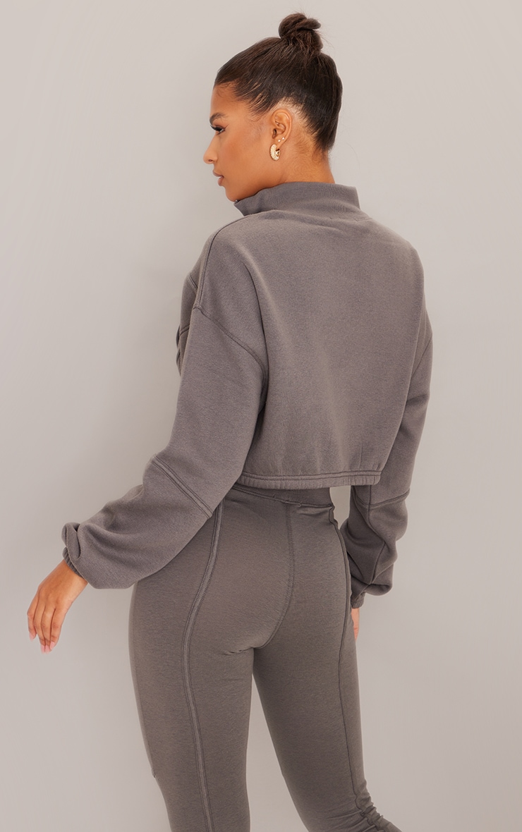 Charcoal Zip Tape Funnel Neck Oversized Cropped Sweatshirt image 2