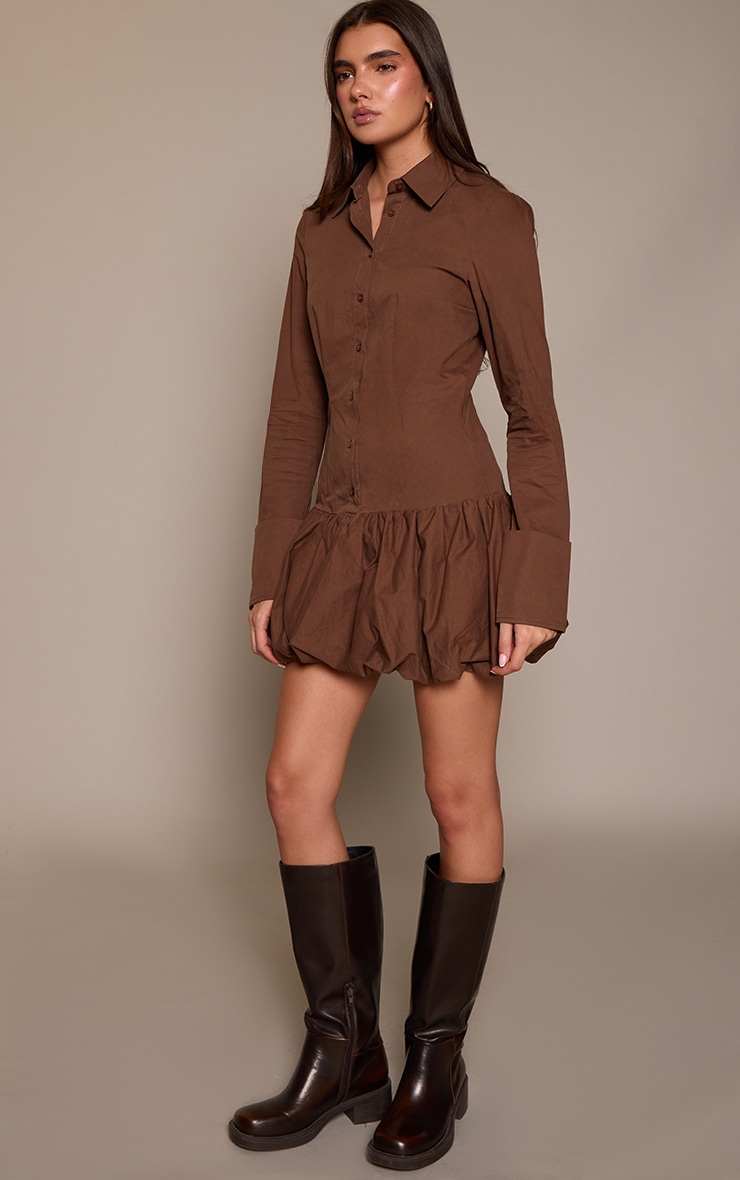 Deep Chocolate Button Down Puffball Detail Shirt Dress image 3