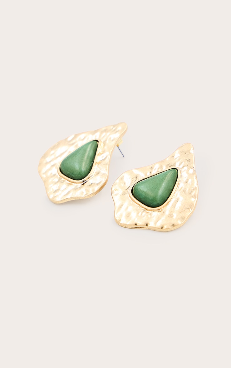 Green Eye Resin Worn Gold Stud Earrings image 3