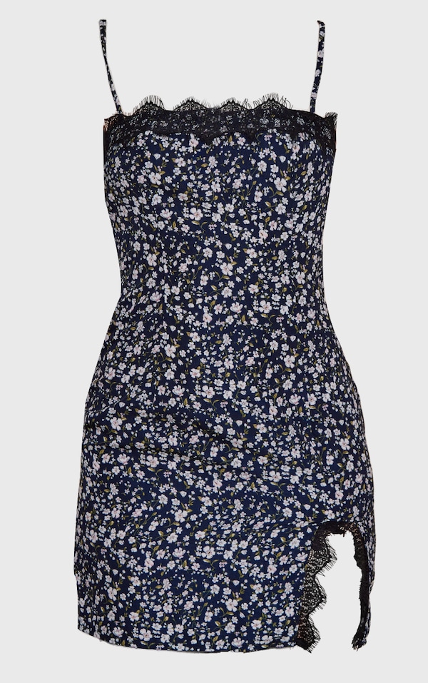 Navy Ditsy Print Lace Detail Strappy Shift Dress