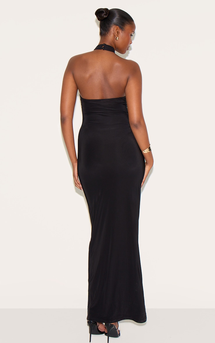 Black Double Layered Slinky Halter Neck Trim Detail Maxi Dress image 2