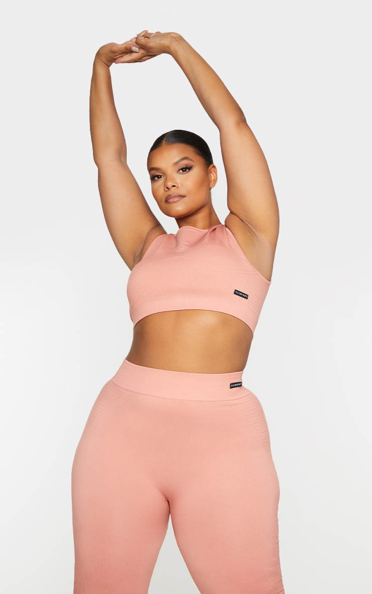 Plus Pink Seamless Rib Hem High Neck Cropped Sports Top image 1