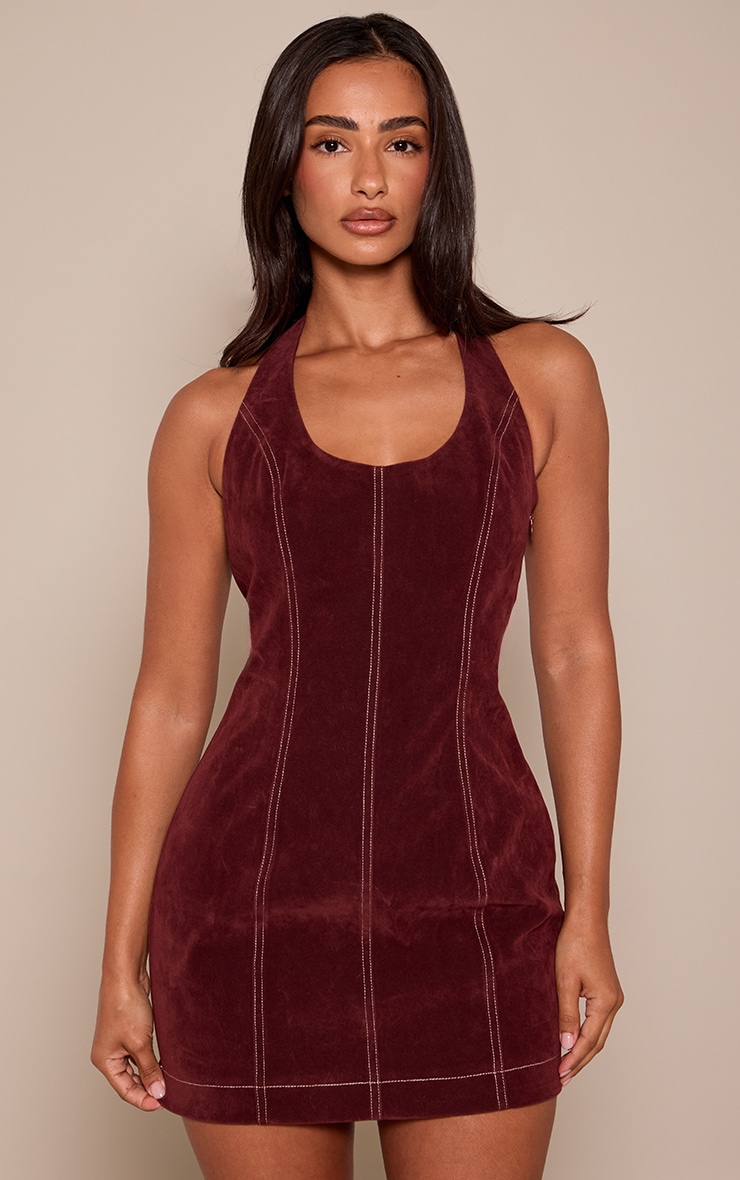 Petite Burgundy Suede Halterneck Fitted Mini Dress