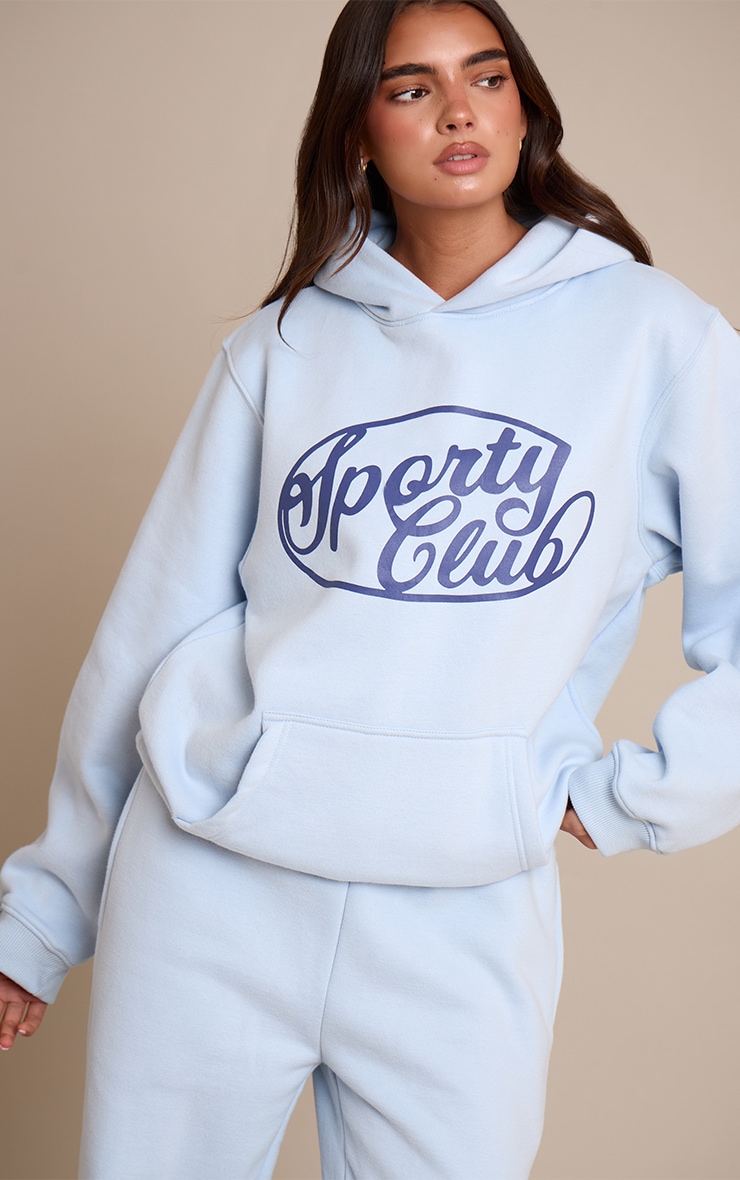 Light Blue Sports Club Cotton Fleece Oversized Pull Over Hoodie image 1