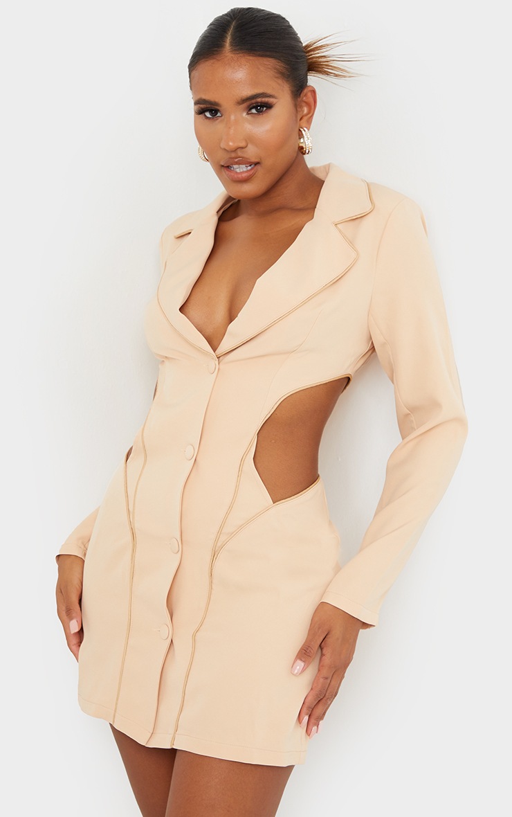 Nude Contrast Binding Cut Out Blazer Dress