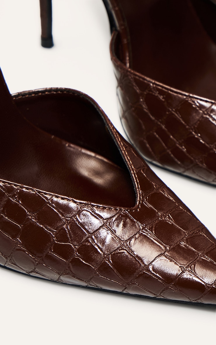 PLT Label Chocolate Brown Faux Croc Point Toe High Heeled Court Shoes image 5