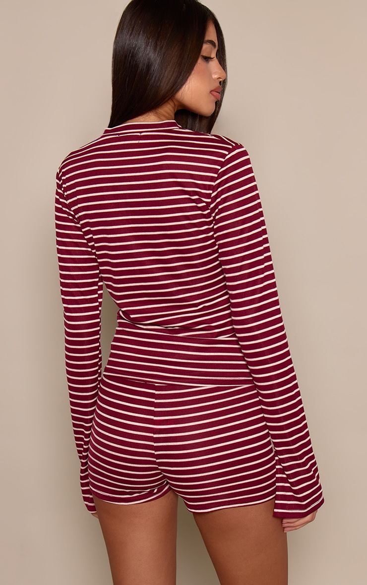 Burgundy Stripe Ribbed High Neck Long Sleeve Top image 2