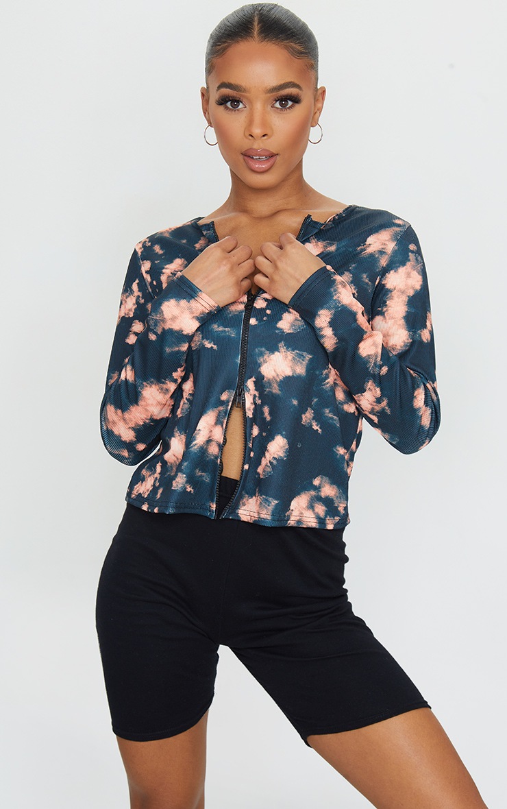 Black Rib Tie Dye Double Zip Long Sleeve Top