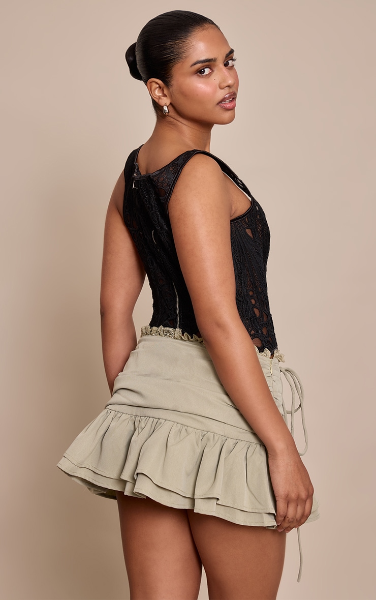 Petite Sage Ruched Front Lace Trim Frill Hem Mini Skirt image 3