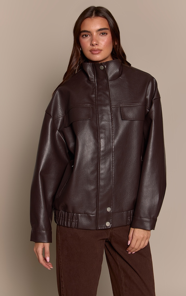 Chocolate Funnel Neck Concealed Placket Faux Leather Jacket