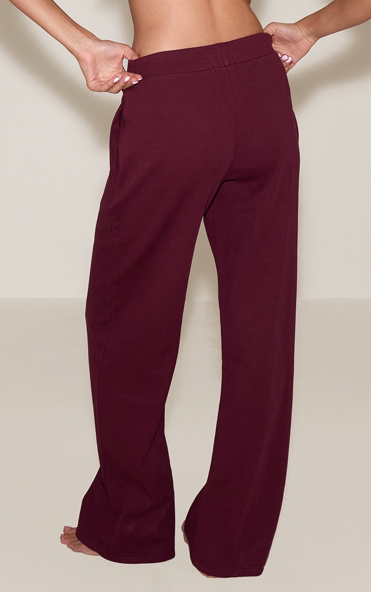 PrettyLittleThing Burgundy Sleep Rib Tonal Elastic Wide Leg Pants image 3