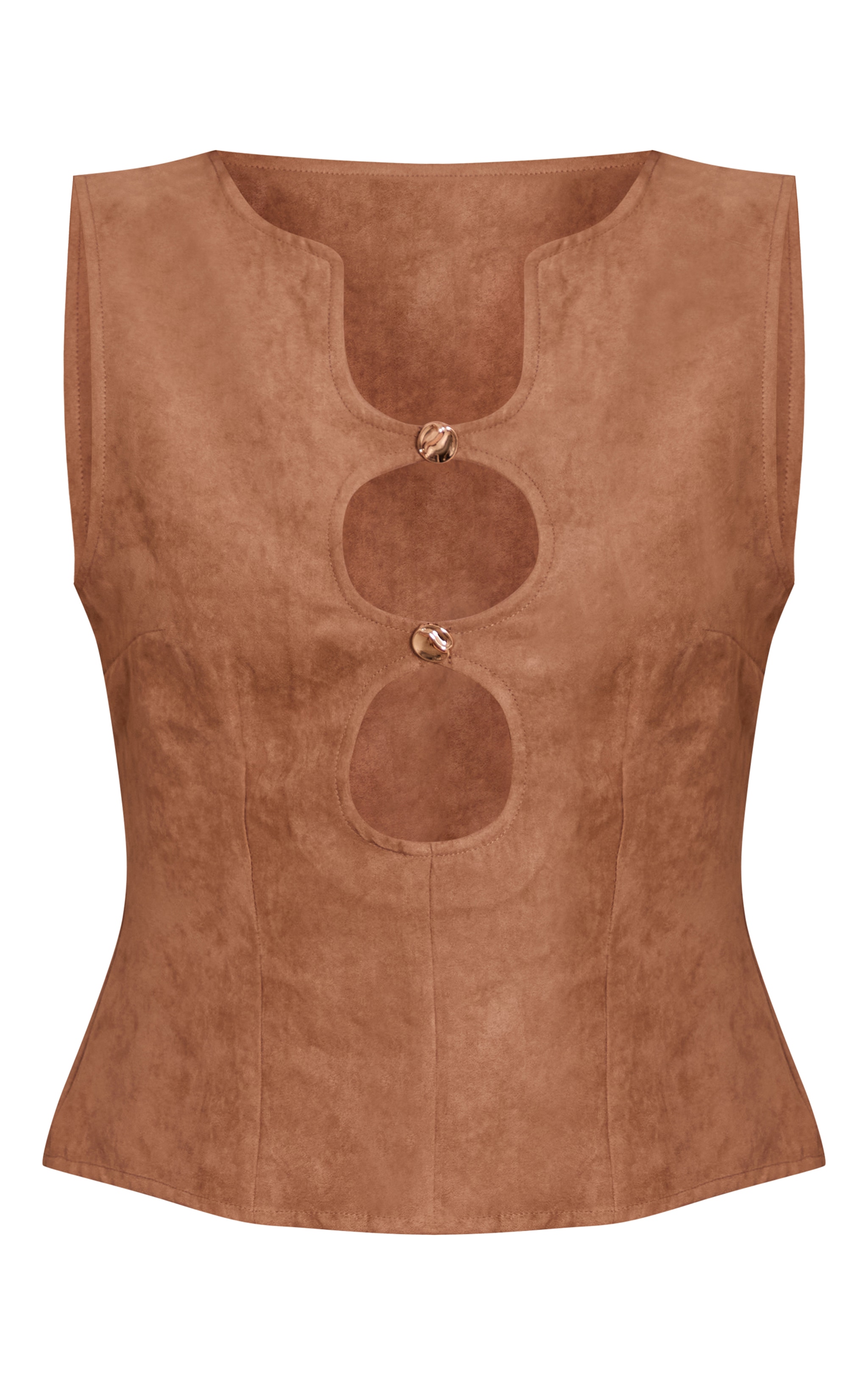 Sand Faux Suede Fitted Cut Out Long Top image 5