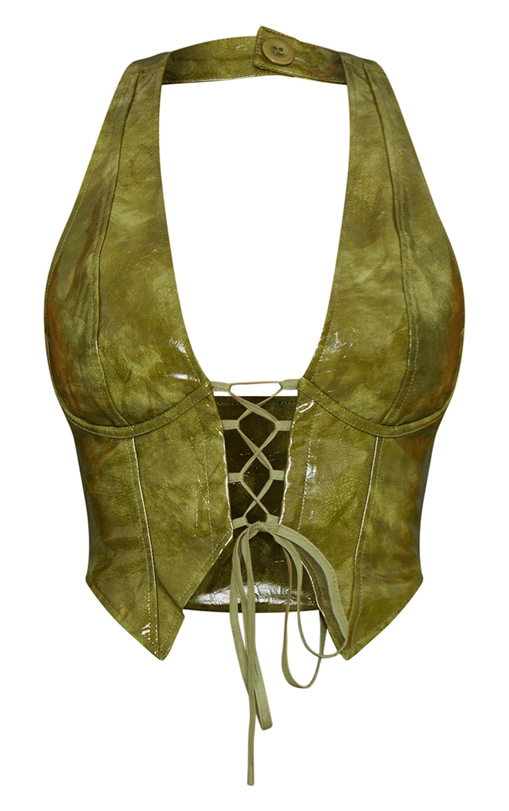 Top dos nu en PU vert olive délavé à décolleté et lacets image 5