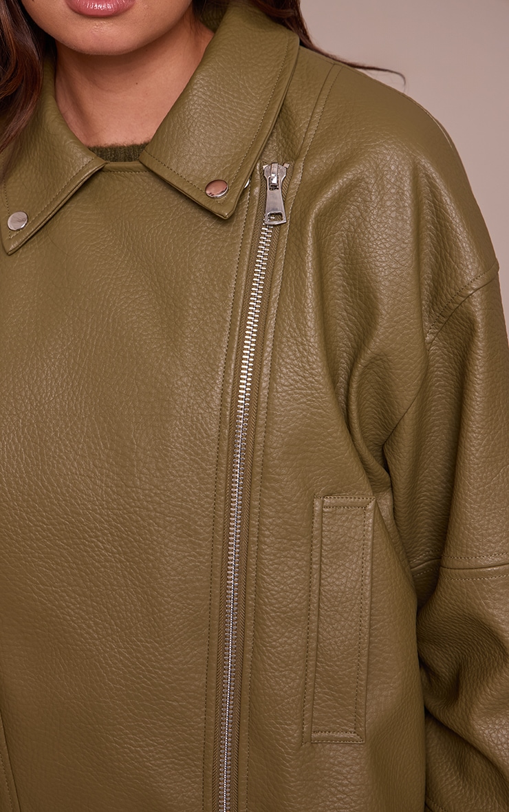 Olive Faux Leather Oversized Biker Jacket image 4