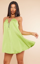 Lime Satin Diamante Lace Up Shift Dress 1