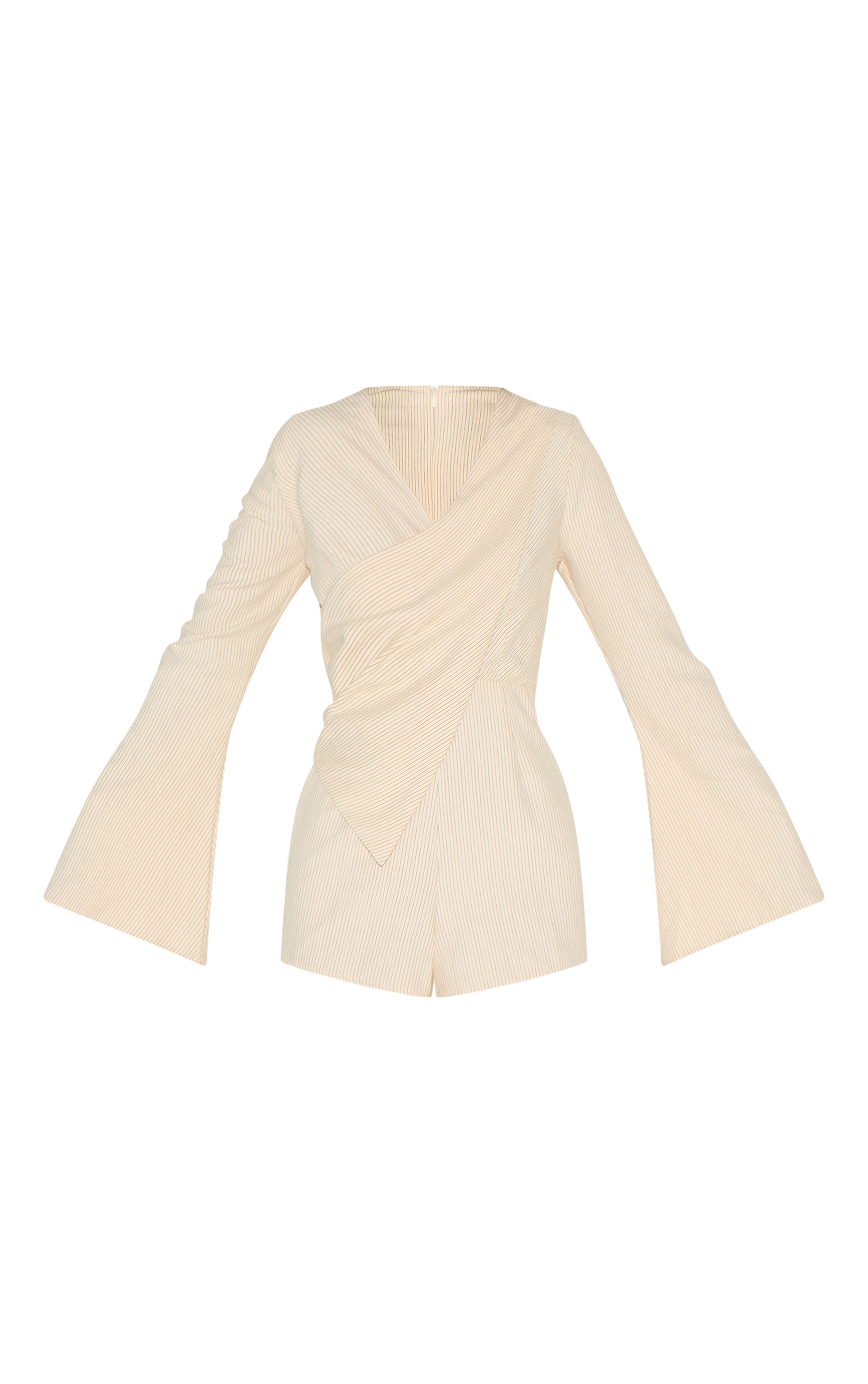 Cream Pinstripe Peachskin Wrap Front Long Sleeve Romper image 5