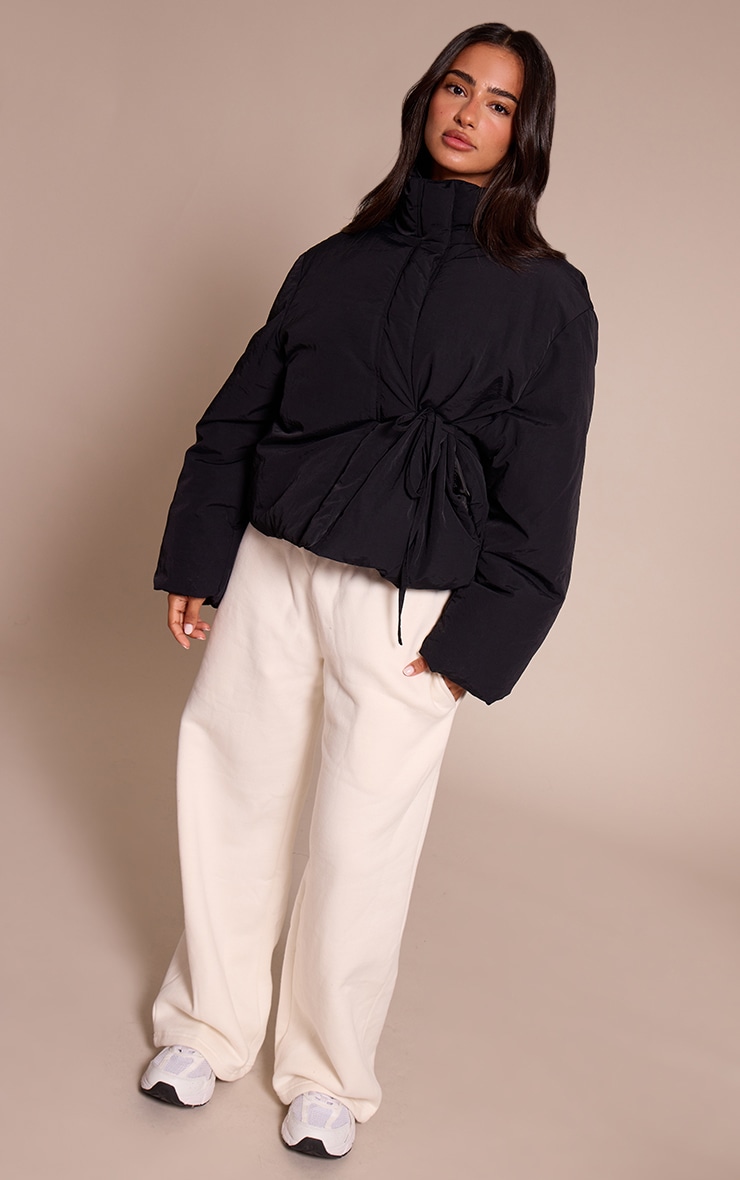 Petite Black High Neck Tie Waist Quilted Jacket image 3