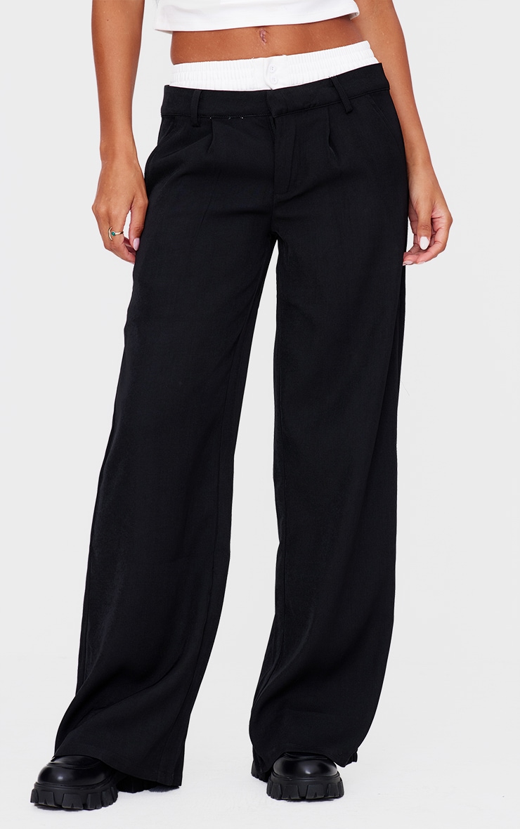 Black Premium Woven Double Waistband Tailored Pants