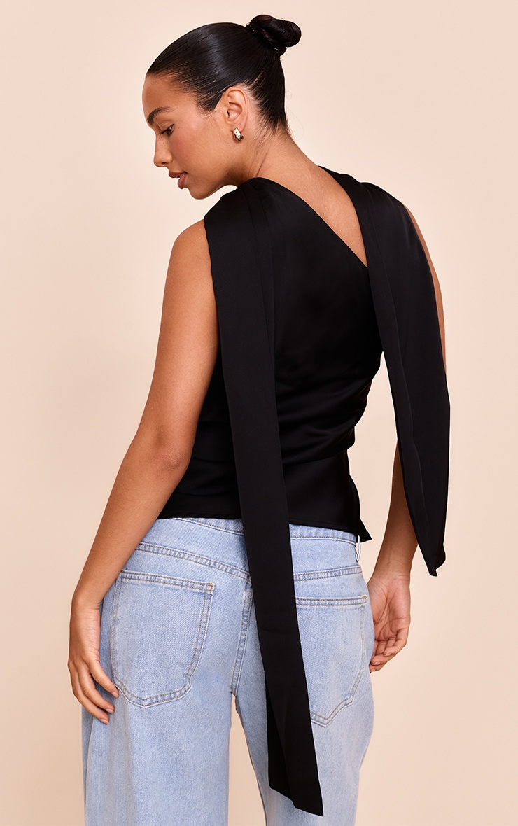 Black Satin Asymmetric Scarf Detail Top image 2