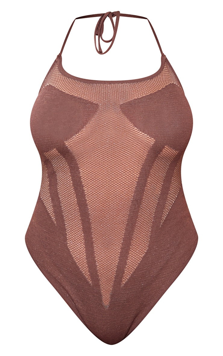 Shape Chocolate Brown Sheer Knit Panelled Strappy Bodysuit image 5