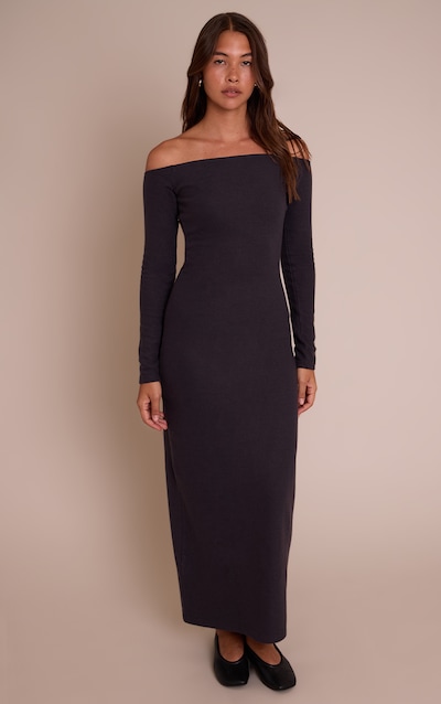 Charcoal Super Soft Bardot Long Sleeve Maxi Dress