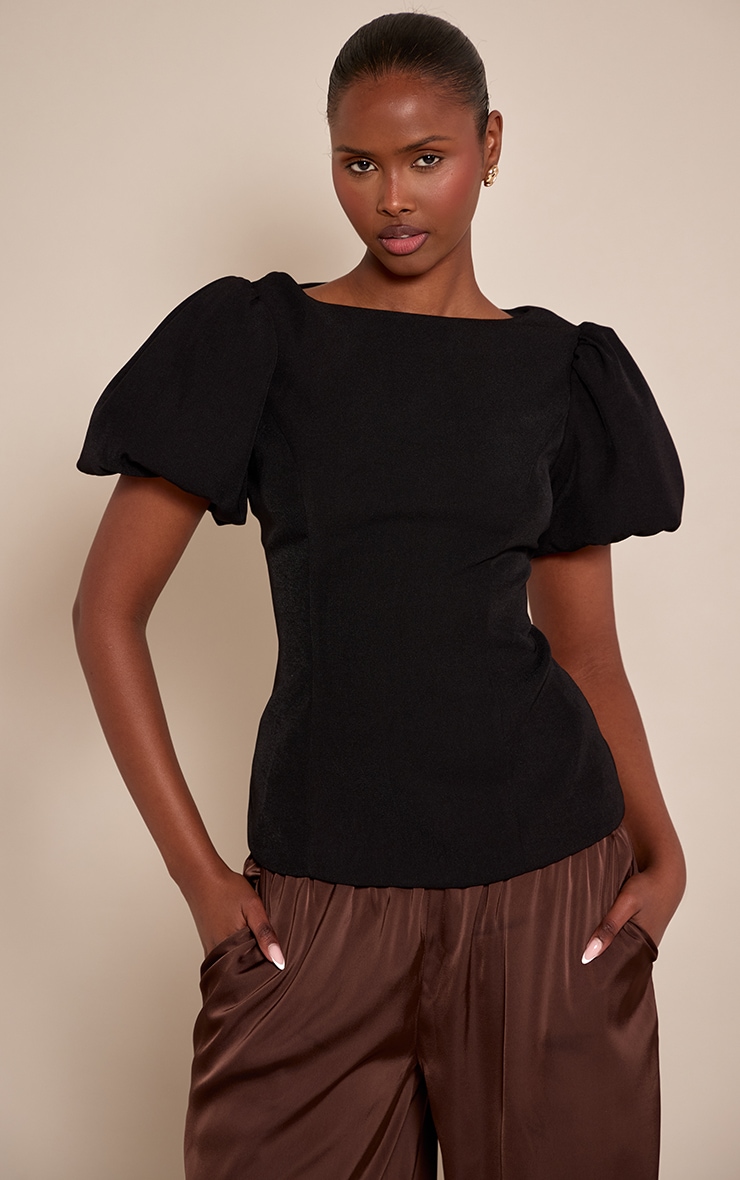 Black Woven Puff Sleeve Tailored Top