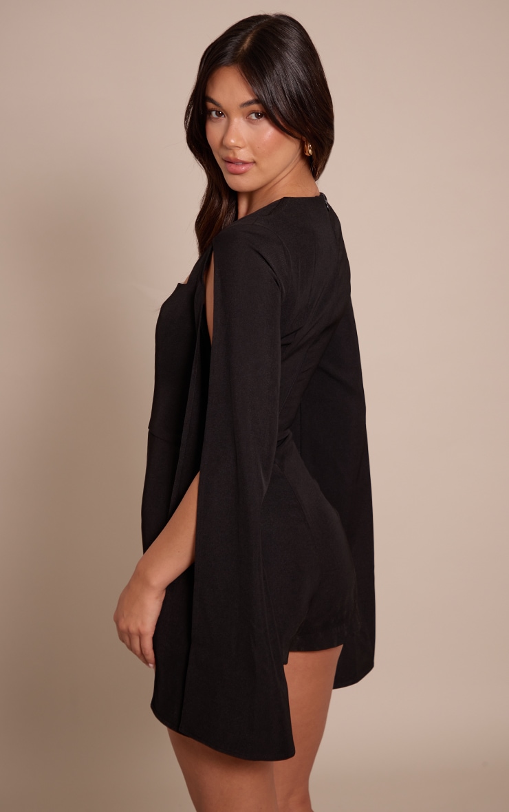 Black Woven Cape Sleeve Romper image 2