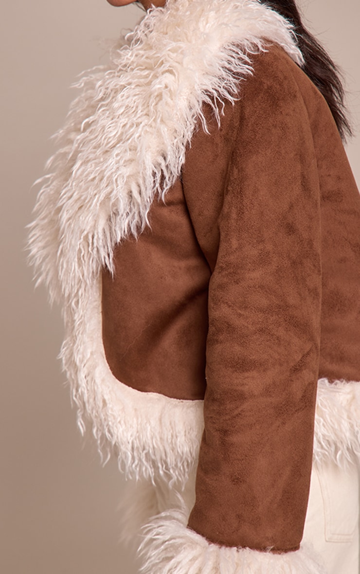 Petite Brown Faux Suede Fur Trim Afghan Coat image 4