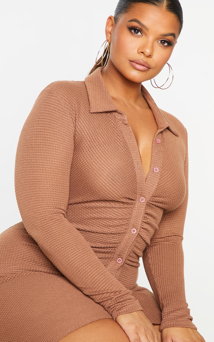 Plus Brown Waffle Textured Shirt Dress image 4