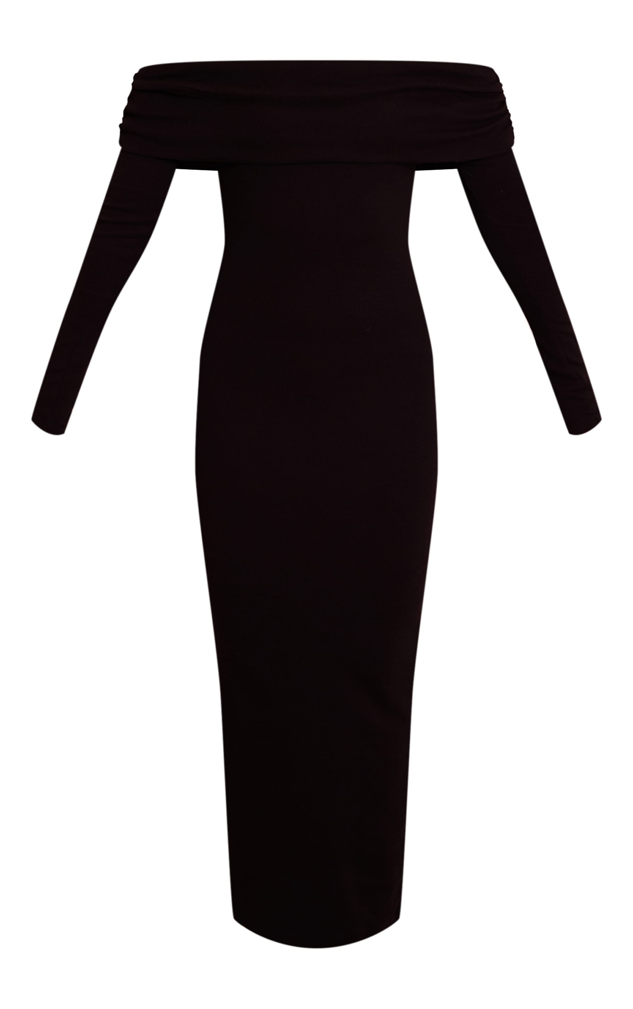 Black Ribbed Fold Over Bardot Long Sleeve Maxi Dress image 5