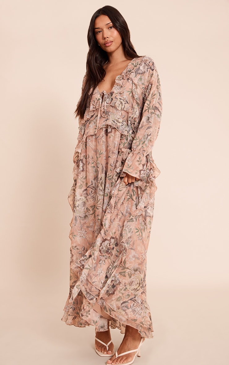 Blush Floral Printed Plunge Extreme Frill Maxi Dress image 3