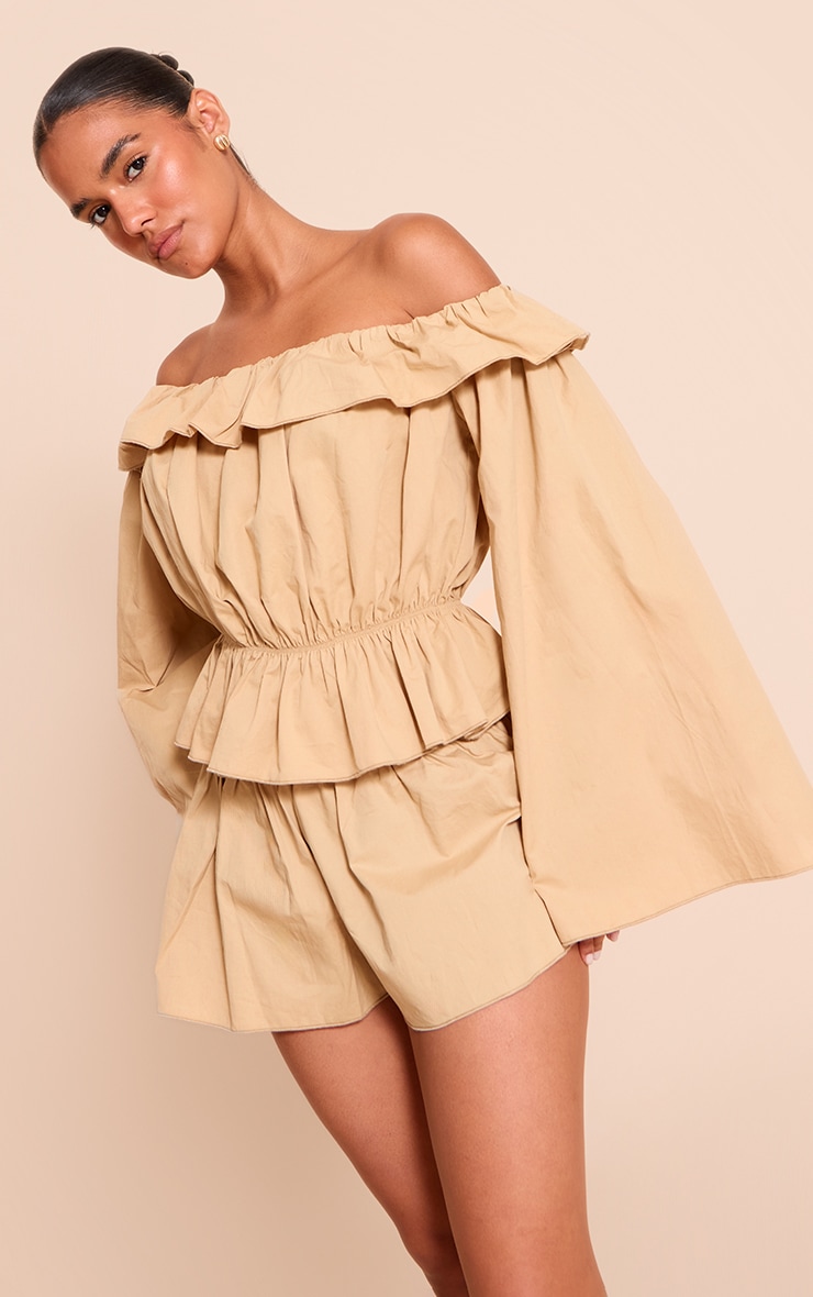 Stone Cotton Woven Frill Bardot Long Sleeve Long Top image 4
