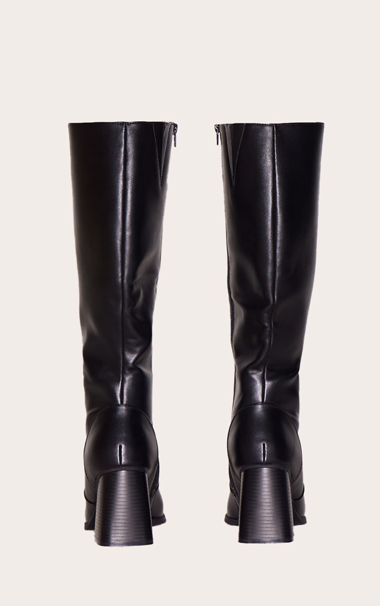 Black Pu Square Toe Block Heel Knee High Boots image 3