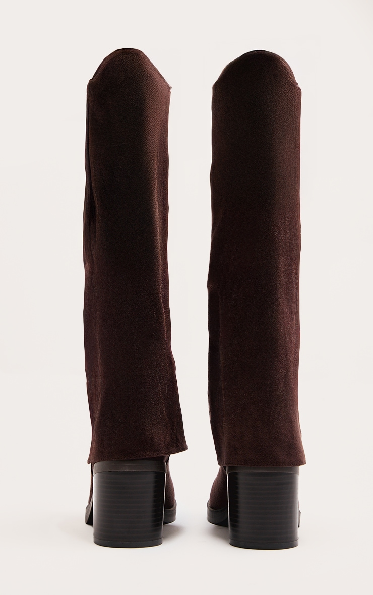 Chocolate Faux Suede Round Toe Fold Over Low Block Heel Boots image 4