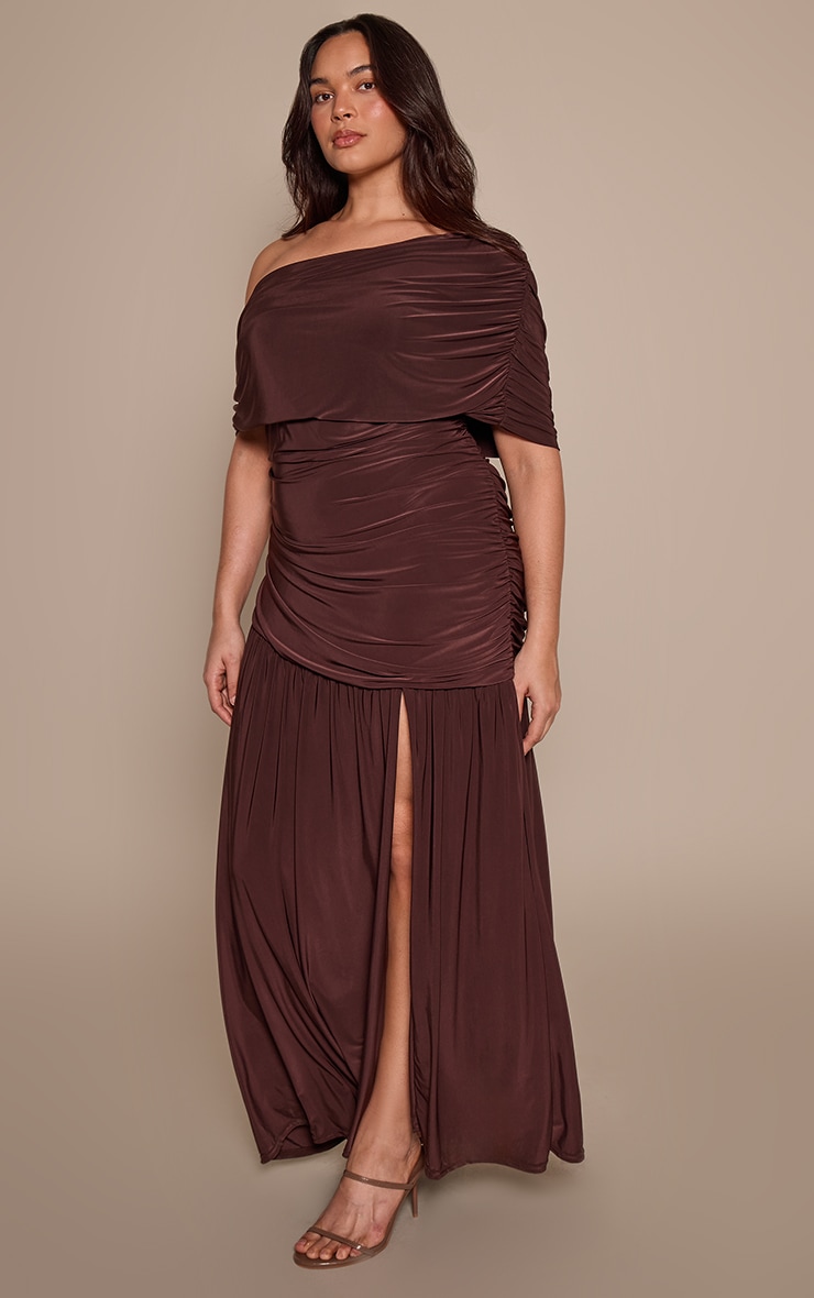 Plus Chocolate Double Layer Slinky Bardot Ruched Maxi Dress image 3