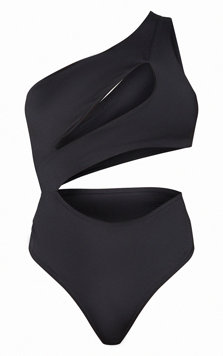 Black Cut Out One Shoulder Slinky Bodysuit image 5