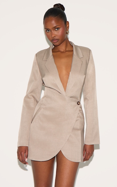 Taupe Woven Wrap Skirt Blazer Dress